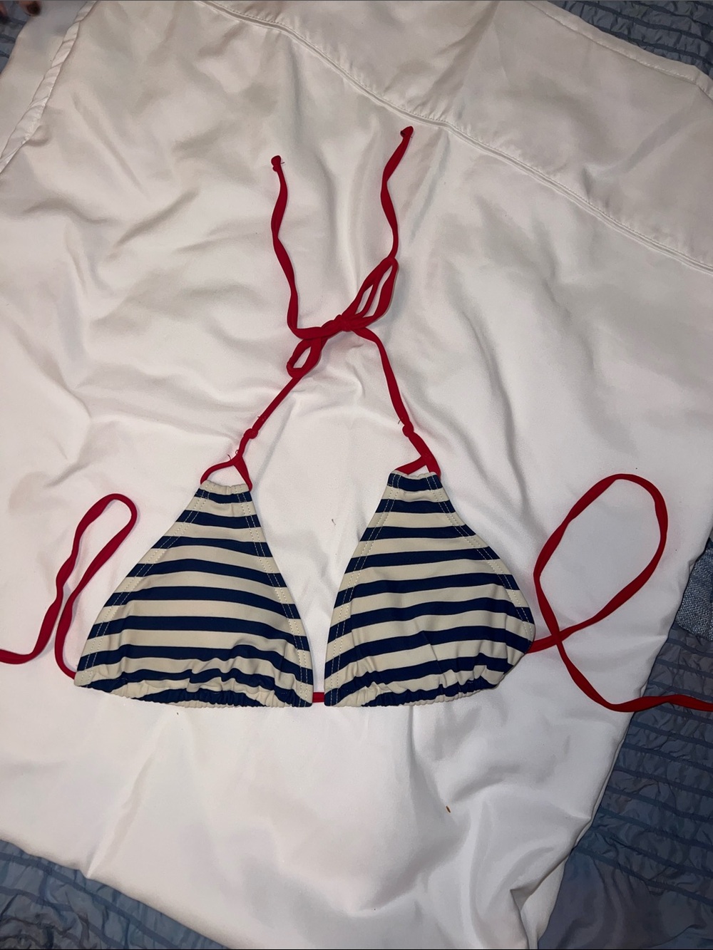 Forever 21 Navy and White Striped Triangle Bikini Top with Red Ties,nautical